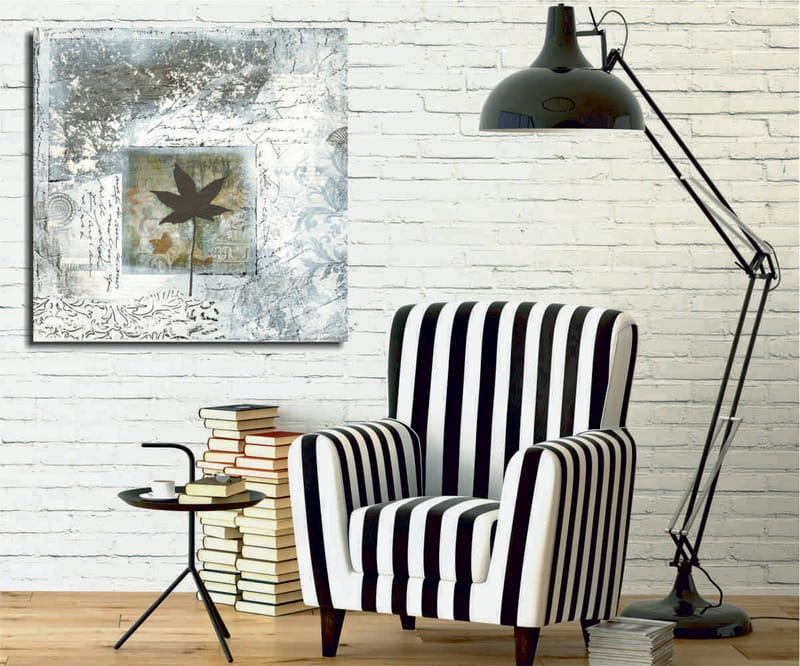 Canvastavla 45x45 cm - Silhuett av ett löv mot en abstrakt bakgrund, Svart / Blå / Grön