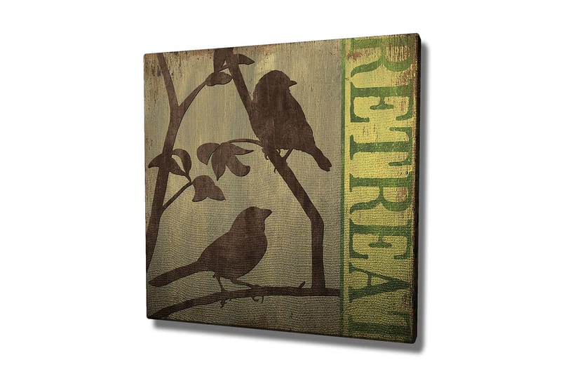 Canvastavla 45x45 cm - Silhuetter av fåglar på en gren med texten RETREAT i bakgrunden, Mörkbrun / Grön / Beige