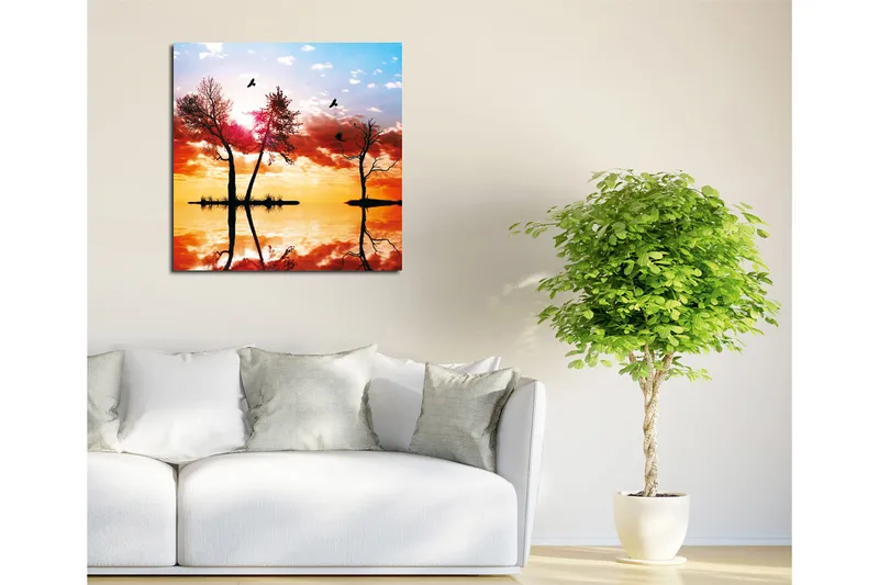 Canvastavla 45x45 cm - Silhuetter av träd vid en solnedgång med reflektioner i vattnet - Orange / Rosa / Blå - Inredning - Tavlor & posters - Canvastavla