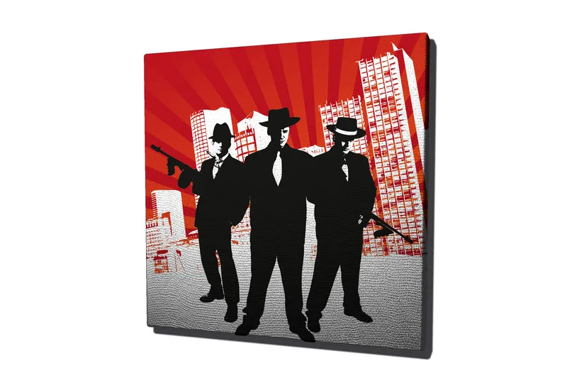 Canvastavla 45x45 cm - Silhuetter av tre män i kostymer med vapen mot en dramatisk bakgrund - Röd / Svart / Vit - Inredning - Tavlor & posters - Canvastavla