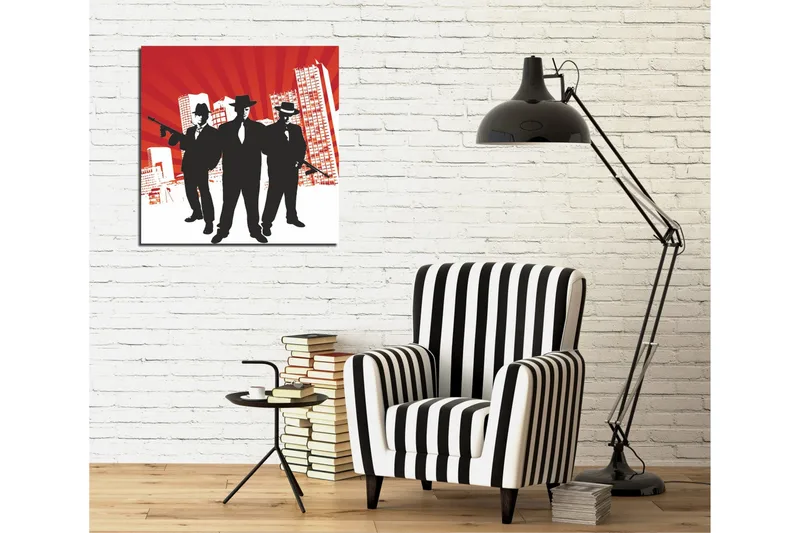 Canvastavla 45x45 cm - Silhuetter av tre män i kostymer med vapen mot en dramatisk bakgrund - Röd / Svart / Vit - Inredning - Tavlor & posters - Canvastavla