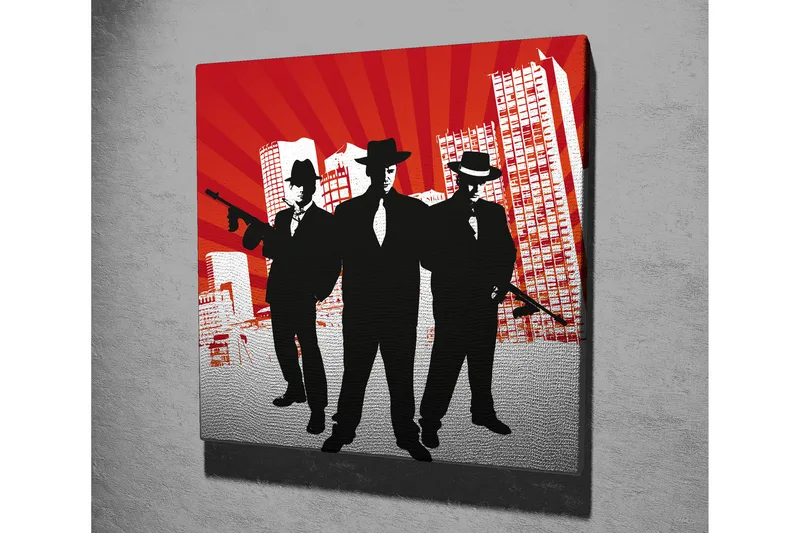 Canvastavla 45x45 cm - Silhuetter av tre män i kostymer med vapen mot en dramatisk bakgrund - Röd / Svart / Vit - Inredning - Tavlor & posters - Canvastavla