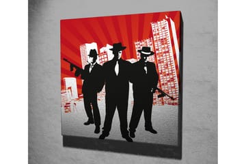 Canvastavla 45x45 cm - Silhuetter av tre män i kostymer med vapen mot en dramatisk bakgrund - Röd / Svart / Vit - Inredning - Tavlor & posters - Canvastavla