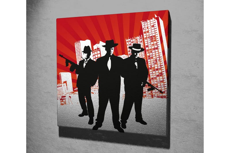 Canvastavla 45x45 cm - Silhuetter av tre män i kostymer med vapen mot en dramatisk bakgrund - Röd / Svart / Vit - Inredning - Tavlor & posters - Canvastavla