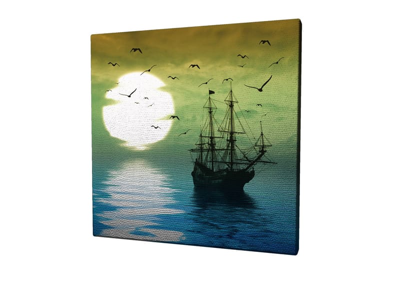 Canvastavla 45x45 cm - Skepp på spegelblanka vattenytor under en stämningsfull solnedgång - Mörkblå / Grön / Vit - Inredning - Tavlor & posters - Canvastavla