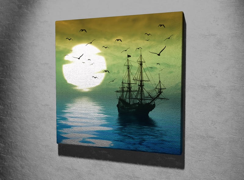 Canvastavla 45x45 cm - Skepp på spegelblanka vattenytor under en stämningsfull solnedgång - Mörkblå / Grön / Vit - Inredning - Tavlor & posters - Canvastavla