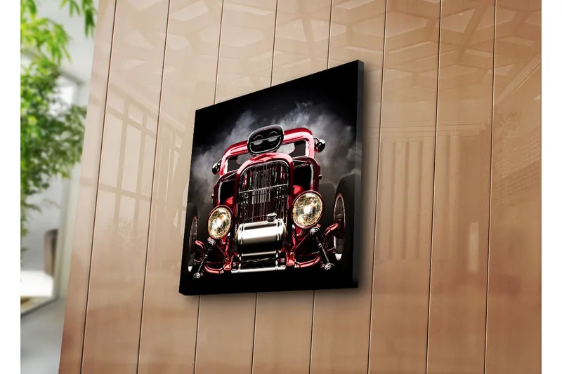 Canvastavla 45x45 cm - Skimrande röd klassisk bil med kraftfull design - Röd / Silver / Svart - Inredning - Tavlor & posters - Canvastavla