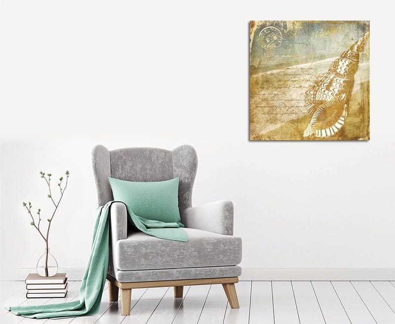 Canvastavla 45x45 cm - Snäcka med vintage-inspirerad bakgrund och handskriven text - Beige / Brun / Ljusblå - Inredning - Tavlor & posters - Canvastavla