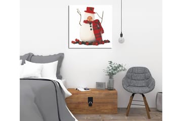 Canvastavla 45x45 cm - Snögubbe med röd hatt och scarf, omgiven av tomtar - Vit / Röd / Svart - Inredning - Tavlor & posters - Canvastavla