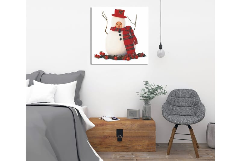 Canvastavla 45x45 cm - Snögubbe med röd hatt och scarf, omgiven av tomtar, Vit / Röd / Svart