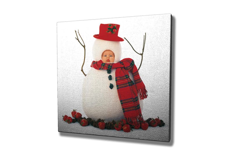 Canvastavla 45x45 cm - Snögubbe med röd hatt och scarf, omgiven av tomtar - Vit / Röd / Svart - Inredning - Tavlor & posters - Canvastavla