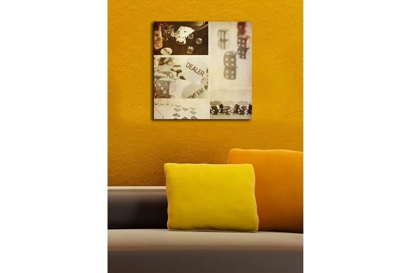 Canvastavla 45x45 cm - Spelrelaterad komposition med tärningar och spelmarker - Grå / Vit / Beige - Inredning - Tavlor & posters - Canvastavla