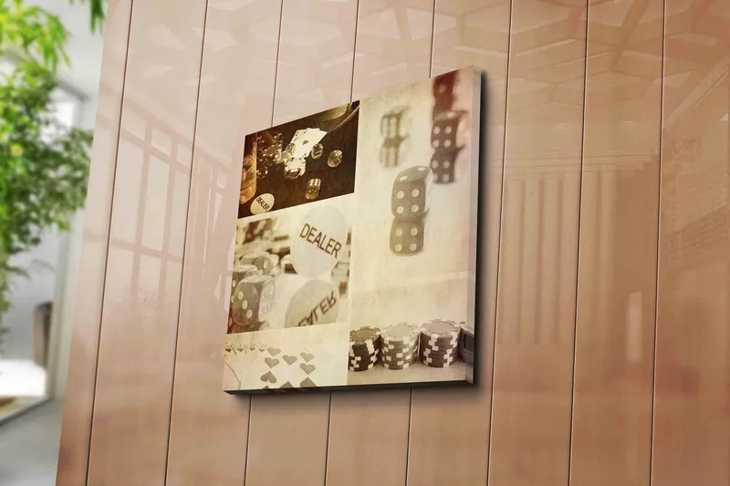 Canvastavla 45x45 cm - Spelrelaterad komposition med tärningar och spelmarker - Grå / Vit / Beige - Inredning - Tavlor & posters - Canvastavla