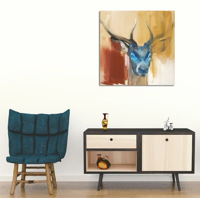 Canvastavla 45x45 cm - Ståtlig hjort med blått huvud och majestätiska horn - Blå / Brun / Beige - Inredning - Tavlor & posters - Canvastavla
