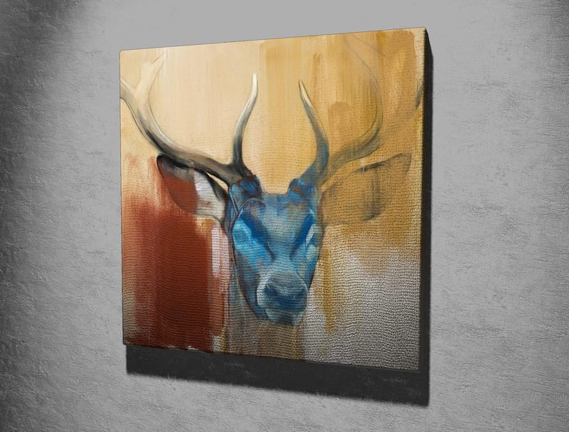 Canvastavla 45x45 cm - Ståtlig hjort med blått huvud och majestätiska horn - Blå / Brun / Beige - Inredning - Tavlor & posters - Canvastavla