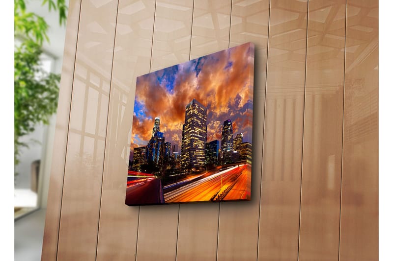 Canvastavla 45x45 cm - Stadssilhuett under en dramatisk solnedgång - Orange / Blå / Grå - Inredning - Tavlor & posters - Canvastavla