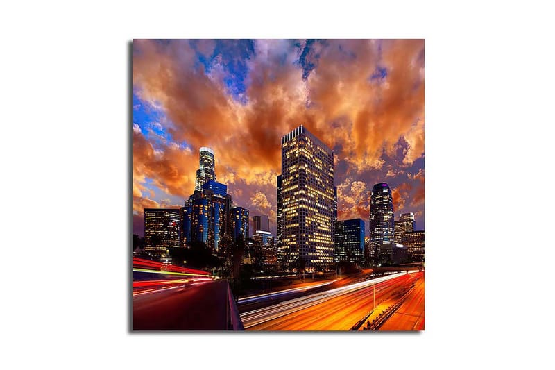 Canvastavla 45x45 cm - Stadssilhuett under en dramatisk solnedgång - Orange / Blå / Grå - Inredning - Tavlor & posters - Canvastavla