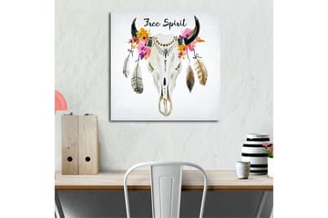 Canvastavla 45x45 cm - Stilig tjurhuvud dekorerat med färgglada blommor och fjädrar - Vit / Rosa / Gul - Inredning - Tavlor & posters - Canvastavla