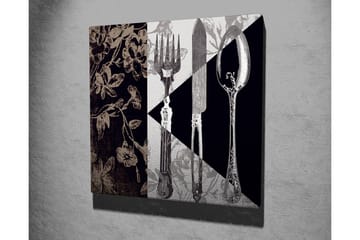 Canvastavla 45x45 cm - Stiliserad komposition av bestick och blommor - Svart / Grå / Beige - Inredning - Tavlor & posters - Canvastavla