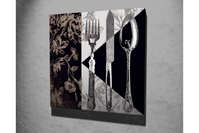 Canvastavla 45x45 cm - Stiliserad komposition av bestick och blommor - Svart / Grå / Beige - Inredning - Tavlor & posters - Canvastavla