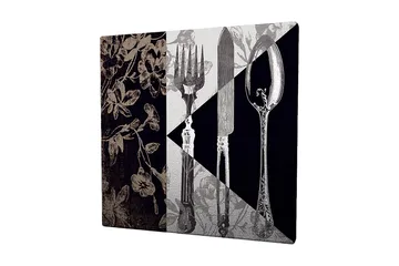 Canvastavla 45x45 cm - Stiliserad komposition av bestick och blommor - Svart / Grå / Beige - Inredning - Tavlor & posters - Canvastavla