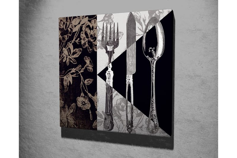 Canvastavla 45x45 cm - Stiliserad komposition av bestick och blommor - Svart / Grå / Beige - Inredning - Tavlor & posters - Canvastavla
