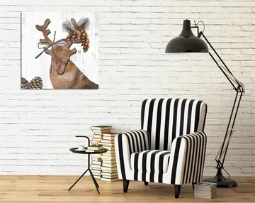 Canvastavla 45x45 cm - Stiliserad ren med kottar och grönska som dekoration - Brunt / Beige / Grönt - Inredning - Tavlor & posters - Canvastavla