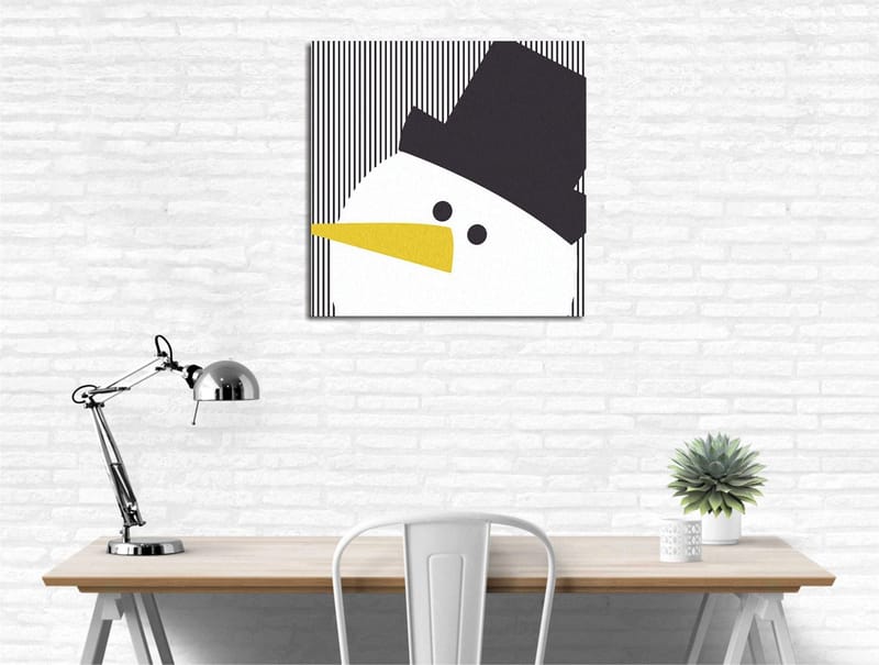 Canvastavla 45x45 cm - Stiliserad snögubbe med hatt och gul näbb, Svart / Vitt / Gult