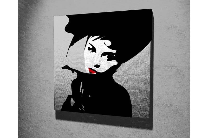 Canvastavla 45x45 cm - Stiliserad porträtt av en kvinna med hatt och röd läppstift - Svart / Vitt / Grått - Inredning - Tavlor & posters - Canvastavla