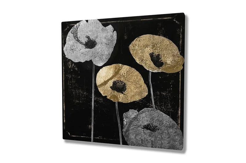 Canvastavla 45x45 cm - Stiliserade blommor i silver och guld mot en svart bakgrund - Silver / Guld / Svart - Inredning - Tavlor & posters - Canvastavla