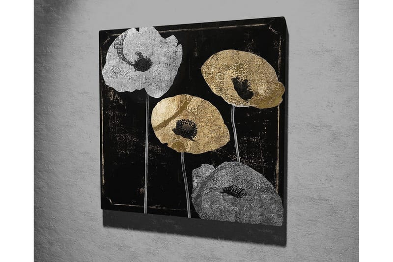 Canvastavla 45x45 cm - Stiliserade blommor i silver och guld mot en svart bakgrund - Silver / Guld / Svart - Inredning - Tavlor & posters - Canvastavla