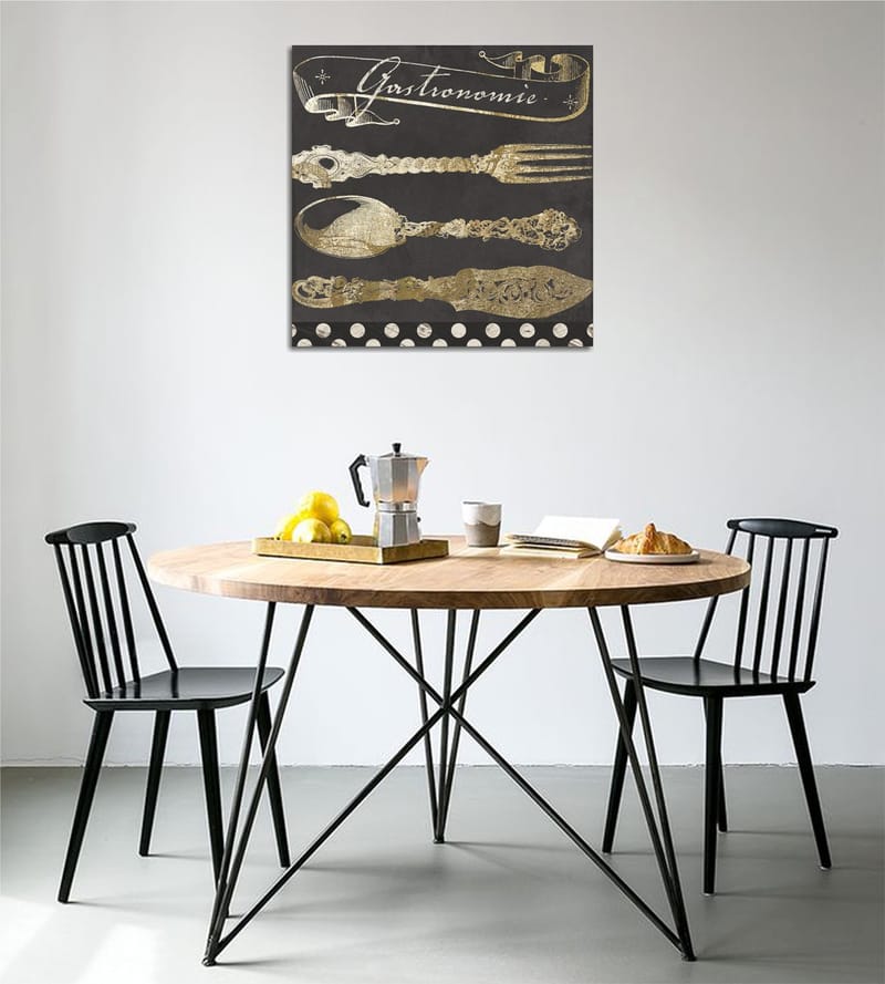 Canvastavla 45x45 cm - Stiliserade köksredskap i guld mot en mörk bakgrund, Guld / Svart