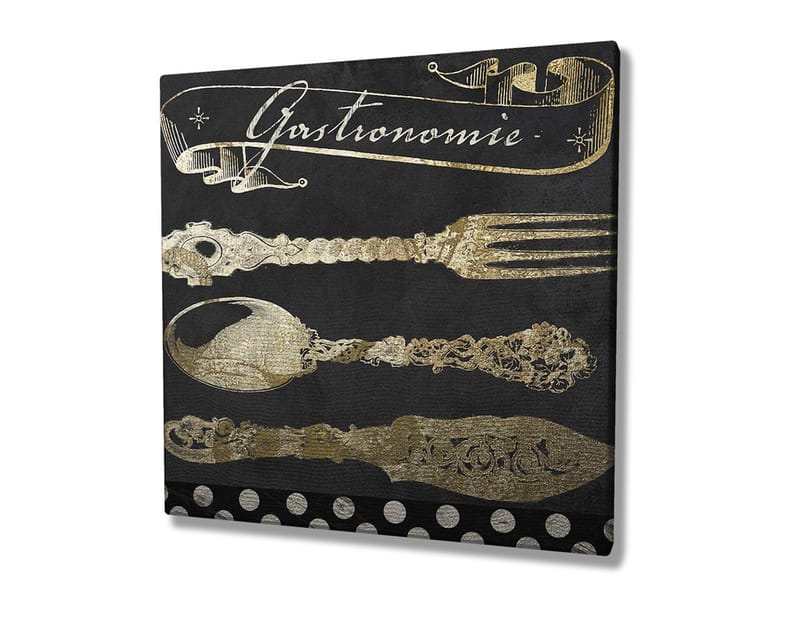 Canvastavla 45x45 cm - Stiliserade köksredskap i guld mot en mörk bakgrund - Guld / Svart - Inredning - Tavlor & posters - Canvastavla