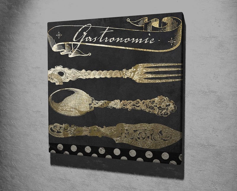 Canvastavla 45x45 cm - Stiliserade köksredskap i guld mot en mörk bakgrund - Guld / Svart - Inredning - Tavlor & posters - Canvastavla