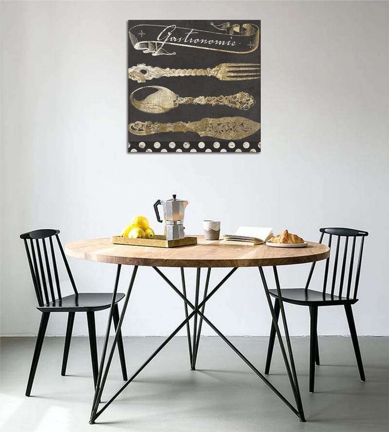 Canvastavla 45x45 cm - Stiliserade köksredskap i guld mot en mörk bakgrund, Guld / Svart