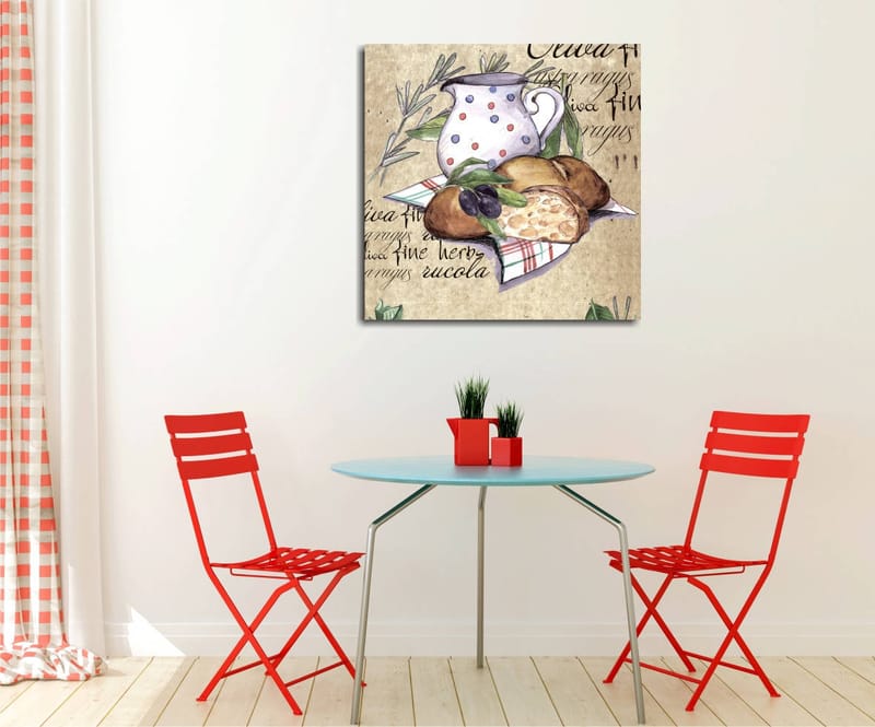 Canvastavla 45x45 cm - Stillhet med en kanna, bröd och oliver på en duk, Beige / Grön / Brun