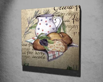 Canvastavla 45x45 cm - Stillhet med en kanna, bröd och oliver på en duk - Beige / Grön / Brun - Inredning - Tavlor & posters - Canvastavla