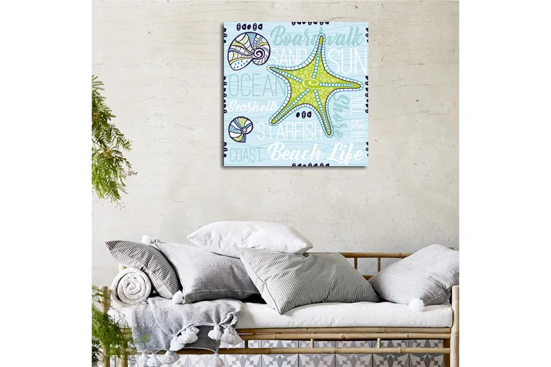 Canvastavla 45x45 cm - Stjärna i havet med snäckor och texturerade bakgrunder - Ljusblå / Grön / Mörkblå - Inredning - Tavlor & posters - Canvastavla