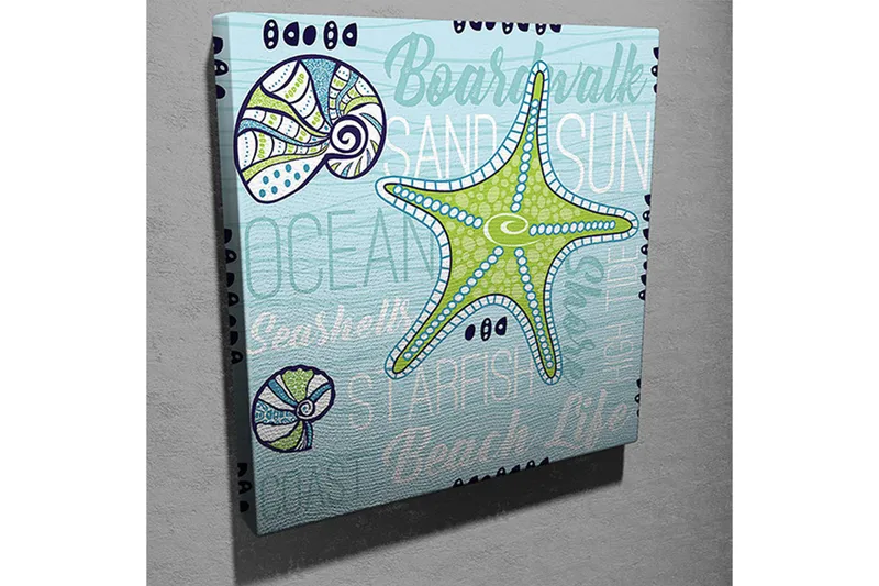 Canvastavla 45x45 cm - Stjärna i havet med snäckor och texturerade bakgrunder - Ljusblå / Grön / Mörkblå - Inredning - Tavlor & posters - Canvastavla