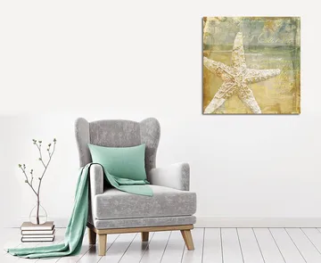 Canvastavla 45x45 cm - Stjärna i sand med vintage-inspirerad bakgrund - Guld / Beige / Ljusblå - Inredning - Tavlor & posters - Canvastavla