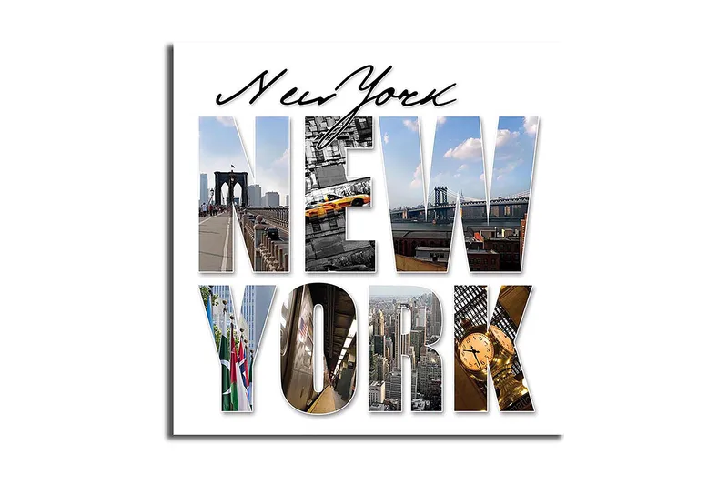 Canvastavla 45x45 cm - Storslagen collage av New Yorks ikoniska landmärken - Gult / Blått / Grått - Inredning - Tavlor & posters - Canvastavla