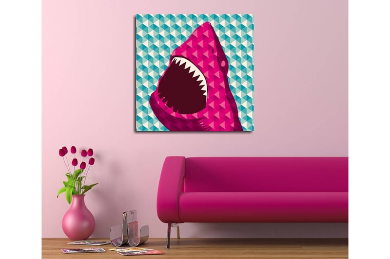 Canvastavla 45x45 cm - Stort, öppet hajhuvud i en färgglad stil - Rosa / Turkos / Vit - Inredning - Tavlor & posters - Canvastavla