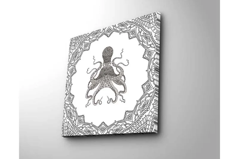 Canvastavla 45x45 cm - Svart bläckteckning av en bläckfisk omgiven av intrikata mönster - Svart / Vitt - Inredning - Tavlor & posters - Canvastavla
