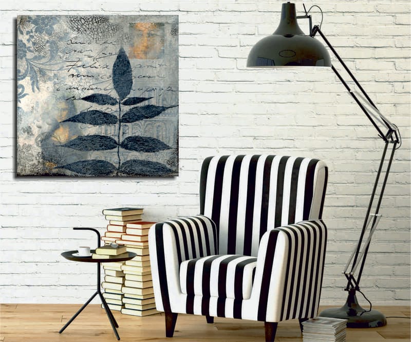 Canvastavla 45x45 cm - Svart bladverk mot en abstrakt bakgrund, Svart / Grå / Beige