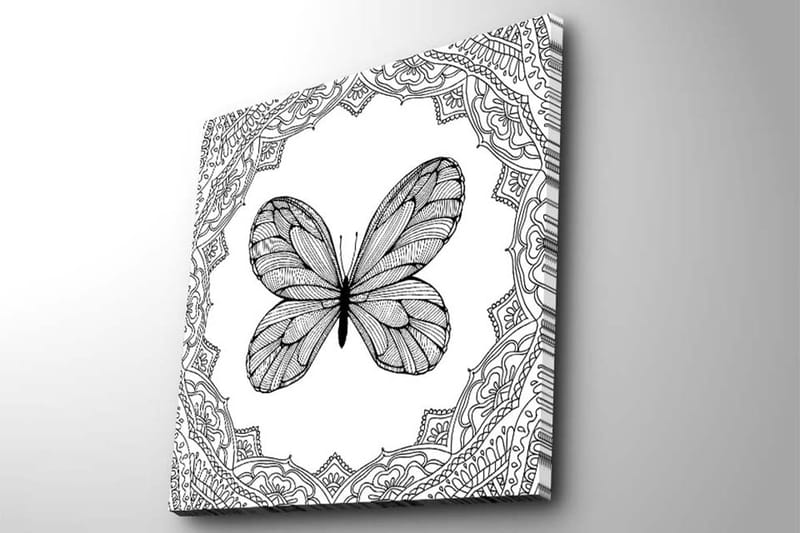 Canvastavla 45x45 cm - Svart fjäril med detaljerad mönsterinramning - Svart / Vitt - Inredning - Tavlor & posters - Canvastavla