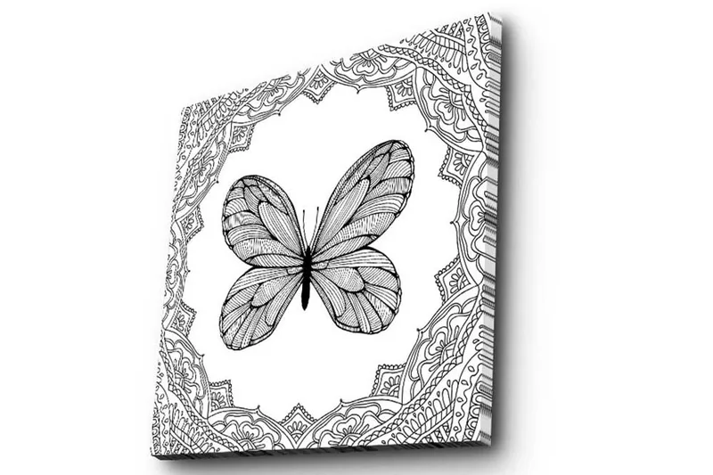 Canvastavla 45x45 cm - Svart fjäril med detaljerad mönsterinramning - Svart / Vitt - Inredning - Tavlor & posters - Canvastavla