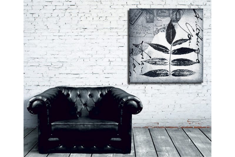 Canvastavla 45x45 cm - Svart silhuett av blad mot en grå bakgrund med handskriven text och poststämplar - Svart / Grå - Inredning - Tavlor & posters - Canvastavla