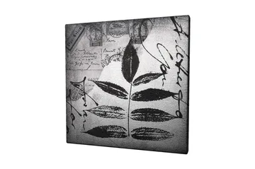 Canvastavla 45x45 cm - Svart silhuett av blad mot en grå bakgrund med handskriven text och poststämplar - Svart / Grå - Inredning - Tavlor & posters - Canvastavla