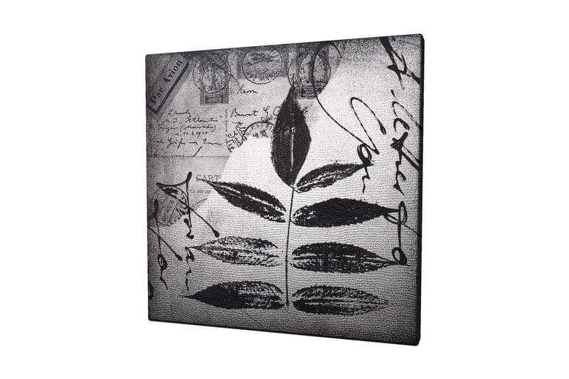 Canvastavla 45x45 cm - Svart silhuett av blad mot en grå bakgrund med handskriven text och poststämplar, Svart / Grå