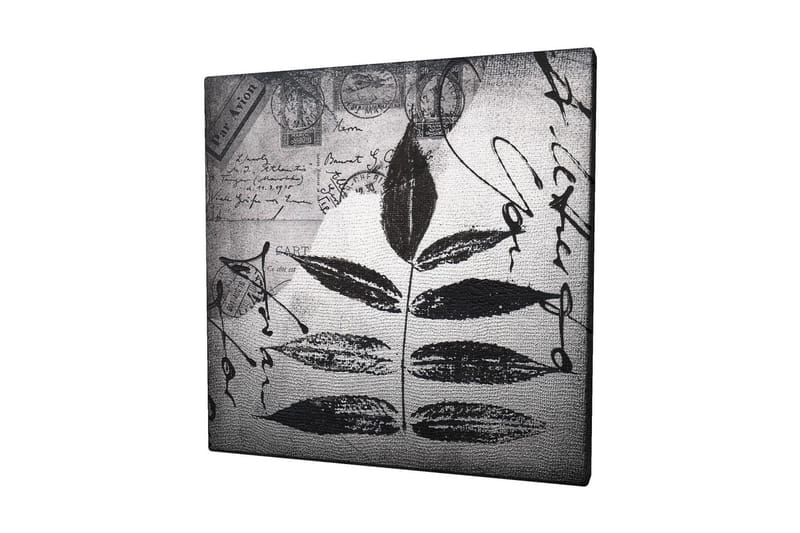 Canvastavla 45x45 cm - Svart silhuett av blad mot en grå bakgrund med handskriven text och poststämplar, Svart / Grå